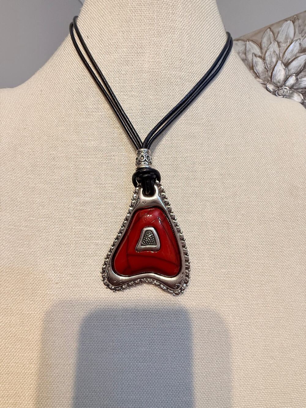 Vintage Red Geometric Pendant Cord Necklace 18”